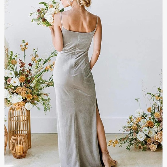 Dusty Blue Women's Cowl Neck Long Velvet Bridesmaid with Side Slit. - Picture 2 of 4